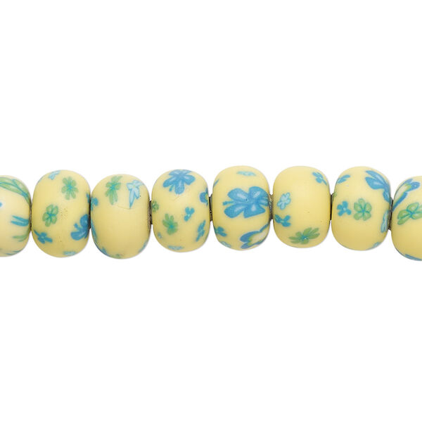 Bead, polymer clay, opaque yellow / blue / green, 8x6mm rondelle with flower design. Sold per 15-1/2" to 16" strand. image number 0