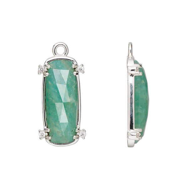 Drop, amazonite (natural) / cubic zirconia / sterling silver, clear, 21x11mm hand-cut single-sided faceted oval, Mohs hardness 6 to 6-1/2. Sold individually. image number 0