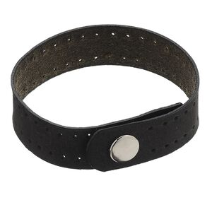 Bracelet, leather (dyed) / brass / steel, black, 16mm wide with 60-70 holes, adjustable at 7 and 7-1/2 inches with snap closure. Sold individually.