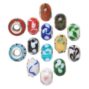 Bead mix, Dione®, lampworked glass with silver-plated brass grommets, opaque and semitransparent mixed colors, 14x9mm rondelle with swirls. Sold per pkg of 14.