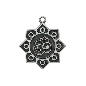 Charm, enamel and "pewter" (zinc-based alloy), black, 24mm single-sided sun with Om design. Sold individually.