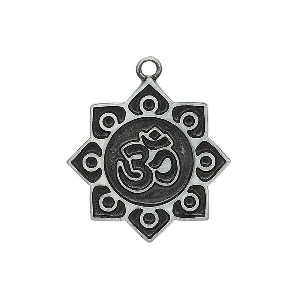 Charm, enamel and "pewter" (zinc-based alloy), black, 24mm single-sided sun with Om design. Sold individually. image number 0
