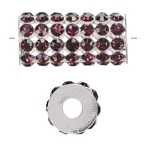 Bead, glass rhinestone and silver-finished brass, purple, 32x15mm cylinder with 4mm chatons, 5.75mm hole. Sold individually.