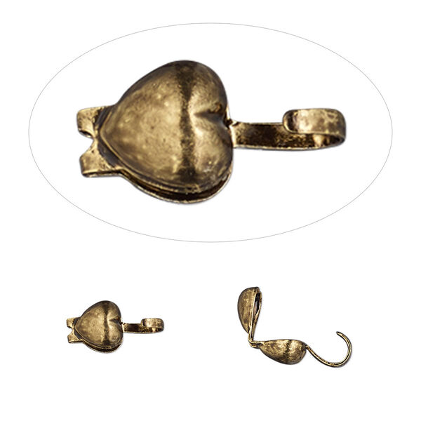 Bead tip, Hot Tips®, antique gold-plated brass, 9x5mm bottom clamp-on heart with open loop. Sold per pkg of 100. image number 0