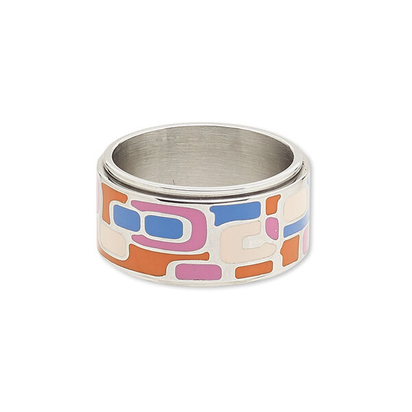 Ring, Avant-Garde Jewelry Collection, enamel and stainless steel, multicolored, 11mm wide with geometric design, size 8-1/2. Sold individually. image number 0