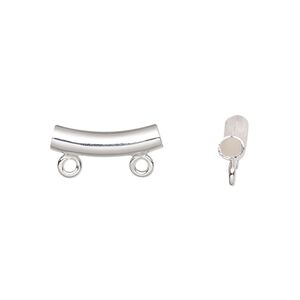Bead, silver-plated brass, 14x4mm curved tube with 2 loops. Sold per pkg of 10.