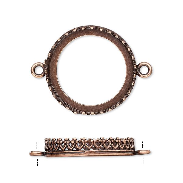 Link, JBB Findings, antique copper-plated brass, 22mm round with open back and decorative trim, 20mm round bezel setting. Sold per pkg of 2. image number 0