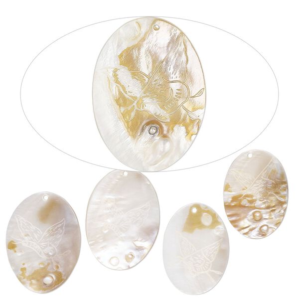 Focal, mother-of-pearl shell (natural/bleached), 60x48mm-74x55mm hand-carved oval with butterfly design, Mohs hardness 3-1/2. Sold per pkg of 5. image number 0