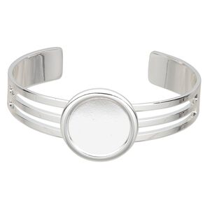 Bracelet, Almost Instant Jewelry®, cuff, silver-plated brass and "pewter" (zinc-based alloy), 64x25mm with 20mm round setting, adjustable. Sold individually.