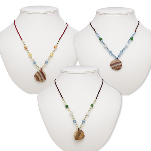 Necklace mix, brown Italian "onyx" / multi-gemstone (natural / dyed) / nylon / acrylic / glass, multicolored, 29x28mm-31x31mm teardrop, 20- to 24-inch continuous loop. Sold per pkg of 3. image number 0
