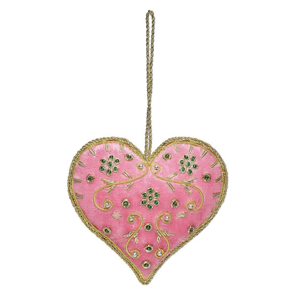 Ornament, velveteen / acrylic / glass / gold-finished copper, silver / pink / green, 6-1/2 inches with 3-3/4 inch single-sided heart. Sold individually. image number 0
