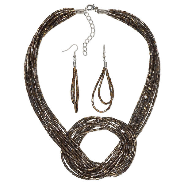 Necklace and earring set, Everyday Jewelry,  imitation rhodium-plated-steel and glass, bronze, 16-inches with 2-inch extender chain, 3-inch earrings with fishhook ear wires, 19 gauge. Sold per set. image number 0