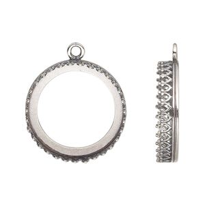 Drop, JBB Findings, antiqued sterling silver, 22mm with open back and decorative trim, 20mm round bezel setting. Sold individually.