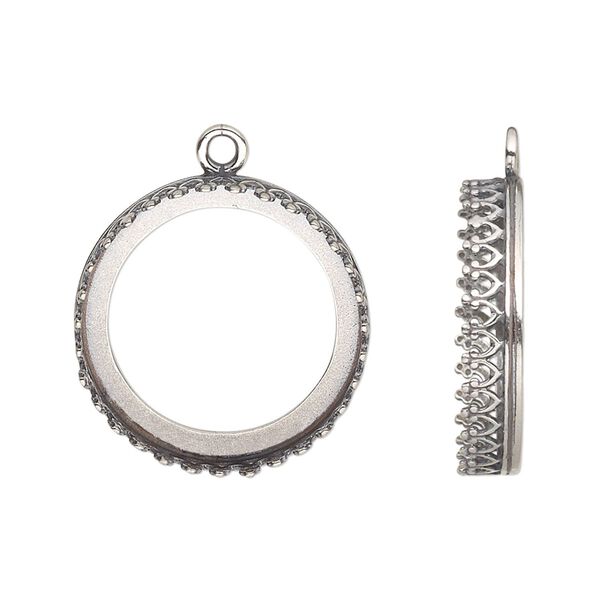 Drop, JBB Findings, antiqued sterling silver, 22mm with open back and decorative trim, 20mm round bezel setting. Sold individually. image number 0