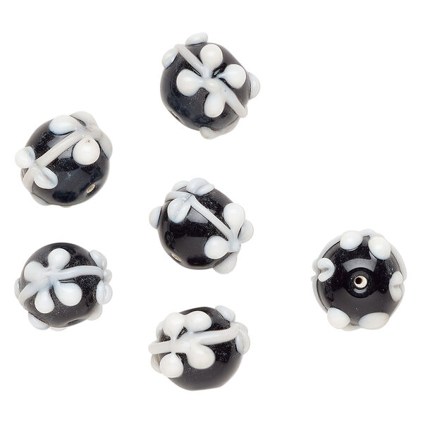 Bead, lampworked glass 1pkg6, opaque black / white, 17x14mm rondelle. image number 0