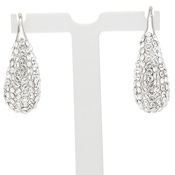 Earring, rhodium-finished "pewter" (zinc-based alloy) and glass rhinestone, clear, 1-inch teardrop with fishhook ear wire, earnuts included. Sold per pair. image number 0