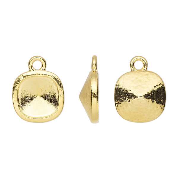 Drop, TierraCast®, Almost Instant Jewelry®, gold-plated pewter (tin-based alloy), 13mm hammered square with 10mm cushion glue-in setting (4470). Sold per pkg of 2. image number 0