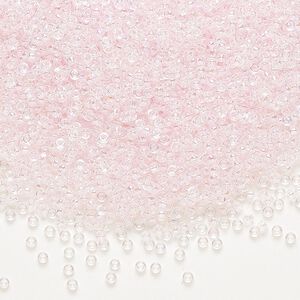 Seed bead, Miyuki, glass, pkg/250g, #15 rocaille, translucent pale pink-lined rainbow crystal clear (RR-265).