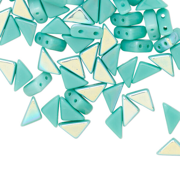 Bead, Tango™, Czech pressed glass, opaque green turquoise AB, 8x6x6mm triangle with (2) 0.7-0.8mm holes. Sold per 10-gram pkg, approximately 65 beads. image number 0