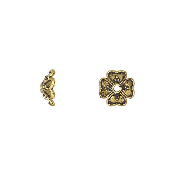 Bead cap, antique gold-finished "pewter" (zinc-based alloy), 9.5x4mm with hearts, fits 8-10mm round bead. Sold per pkg of 20. image number 0