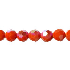 Bead, glass, 32-facet, opaque orange AB, 8mm faceted round. Sold per 15-1/2" to 16" strand.