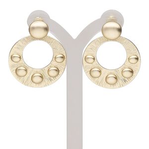 Earring, stainless steel and gold-finished "pewter" (zinc-based alloy), 1-1/2 inches with matte round go-go and post. Sold per pair.