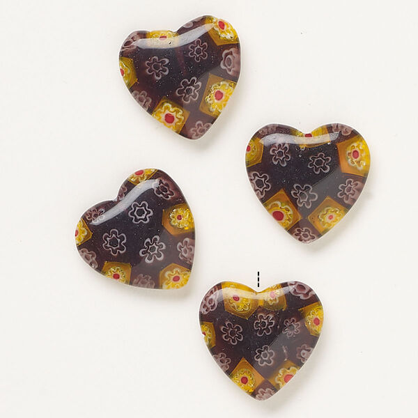 Bead, millefiori glass, translucent dark purple and multicolored, 18-20mm half-drilled puffed heart. Sold per pkg of 4. image number 0