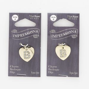 Charm, gold-finished "pewter" (zinc-based alloy) / steel / acrylic rhinestone, clear, 15.5x15mm single-sided puffed heart with letter "B." Sold per pkg of 2.