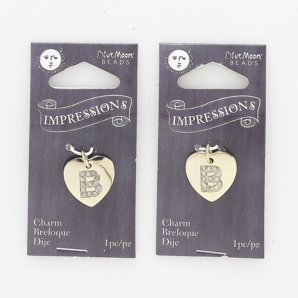 Charm, gold-finished "pewter" (zinc-based alloy) / steel / acrylic rhinestone, clear, 15.5x15mm single-sided puffed heart with letter "B." Sold per pkg of 2. image number 0