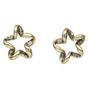 Focal, antique brass-finished "pewter" (zinc-based alloy), 30x28mm-32x32mm twisted open star. Sold per pkg of 2.