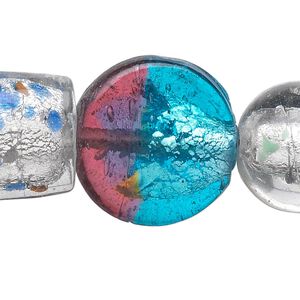 Bead mix, lampworked glass, multicolored with silver-colored foil, 14x13mm-56x33mm mixed shape. Sold per 18-inch strand.