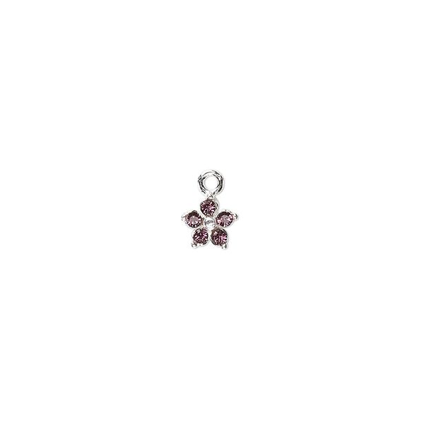 Charm, crystals and sterling silver, amethyst, 6mm single-sided flower. Sold per pkg of 2. image number 0