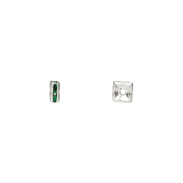 Bead, glass rhinestone and silver-plated brass, emerald green, 4x2mm squaredelle. Sold per pkg of 10. image number 0