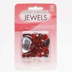 Flat back mix, acrylic, red, 8x8mm-16x16mm faceted heart. Sold per pkg of 50.