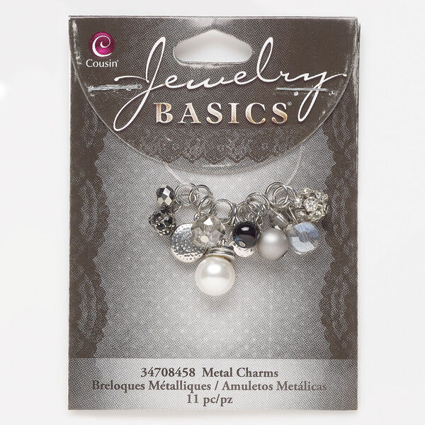 Drop mix, silver-finished "pewter" (zinc-based alloy) / silver-finished steel / glass / acrylic, mixed colors, assorted shapes. Sold per pkg of 11. image number 0