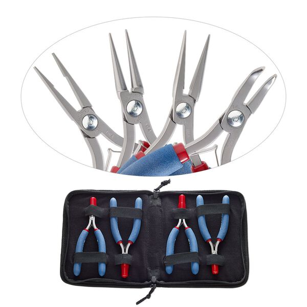 Pliers set, Tronex®, 741 flat-nose / 731 round-nose / 711 chain-nose / 752 curved-nose, steel and rubber, red / blue / white, 6 to 6-1/2 inches with 7-3/4 x 6-1/2 x 1-inch case. Sold per 4-piece set. image number 0