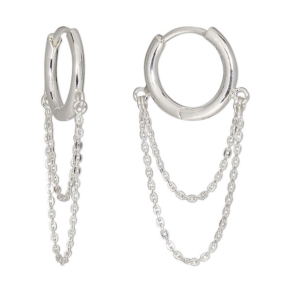 Earring, sterling silver, 14mm round hoop with 22mm chain drape and hinged closure, 18 gauge. Sold per pair. image number 0