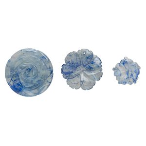 Drop mix, blueberry "quartz" (glass), translucent blue, 24x23mm-41x40mm top-drilled carved flower. Sold per pkg of 3.