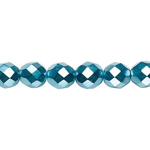 Bead, Czech fire-polished glass, opaque aqua carmen, 8mm faceted round. Sold per 15-1/2" to 16" strand.