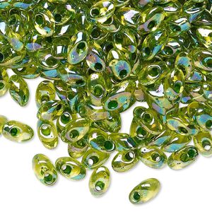 Seed bead, Miyuki, glass, pkg/250g, 7x4mm long magatama, translucent green inside dyed color chartreuse, (LMA-341).