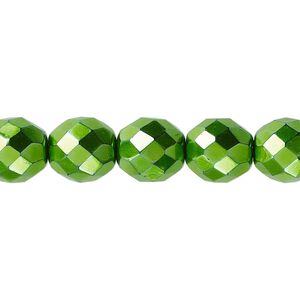 Bead, Czech fire-polished glass, opaque emerald green carmen, 10mm faceted round. Sold per 15-1/2" to 16" strand.