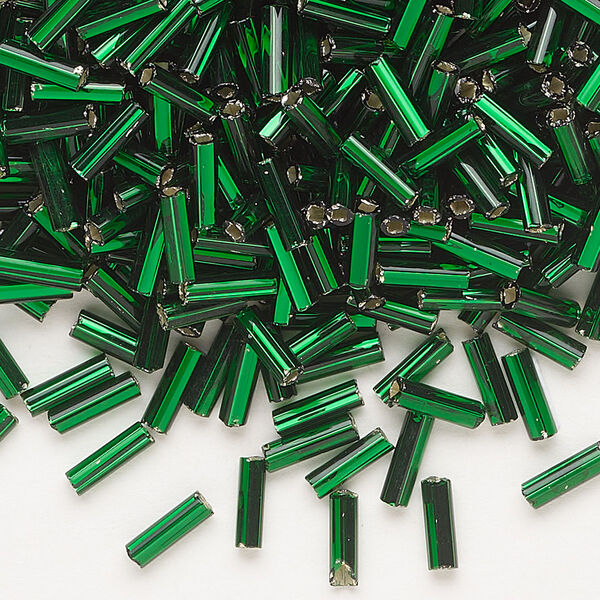 Bead, Preciosa Ornela Czech glass, bugle bead, pkg/500g, 1/4 inch, silver-lined transparent dark green, (57620). image number 0
