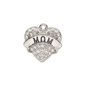 Charm, glass / enamel / silver-finished "pewter" (zinc-based alloy), clear and black, 20x18mm single-sided heart with "MOM." Sold individually.