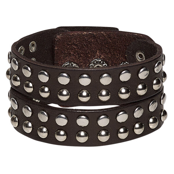 Bracelet, leather (dyed) and imitation rhodium-finished steel, dark brown, 37mm wide with round studs, adjustable from 5-7 inches with snap closure. Sold individually. image number 0