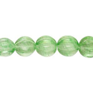 Bead, Czech pressed coated glass, translucent spring green, 10mm corrugated round. Sold per 7-inch strand, approximately 15 beads.