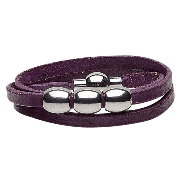 Bracelet, 3-strand wrap, leather (dyed) and stainless steel, purple, 10mm wide with 10mm barrel, 6 inches with magnetic clasp. Sold individually. image number 0