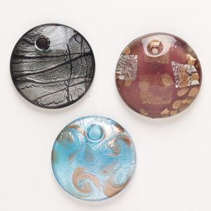 Focal, lampworked glass, pkg/3, opaque and translucent mixed colors with silver-colored foil and copper-colored glitter, 43-51mm domed round.