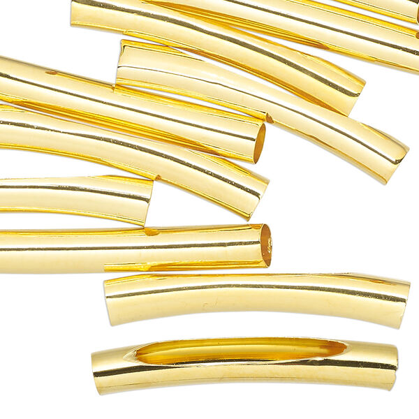 Bead, gold-finished brass, 32x5mm curved tube with cutout long oval. Sold per pkg of 10. image number 0