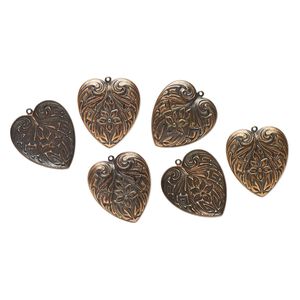 Charm, antique copper-finished steel, 29x26mm single-sided domed stamped heart with flower and lines. Sold per pkg of 6.