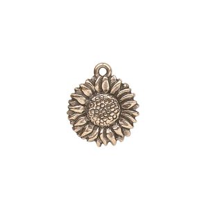 Charm, TierraCast®, antique copper-plated pewter (tin-based alloy), 15mm double-sided sunflower. Sold per pkg of 20.